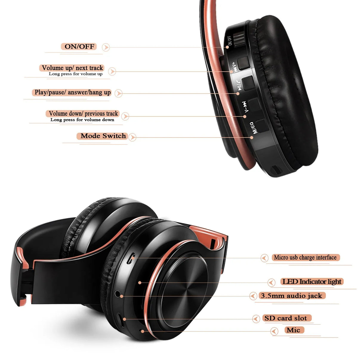 Auriculares Bluetooth Inalámbricos con FM y Tarjeta SD